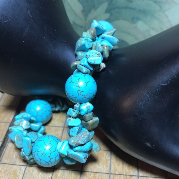 Turquoise Stone Nugget Chip, Pretty Dark Vein Ball Bead 7”L Bracelet EVC 70s 80s - Picture 3 of 11